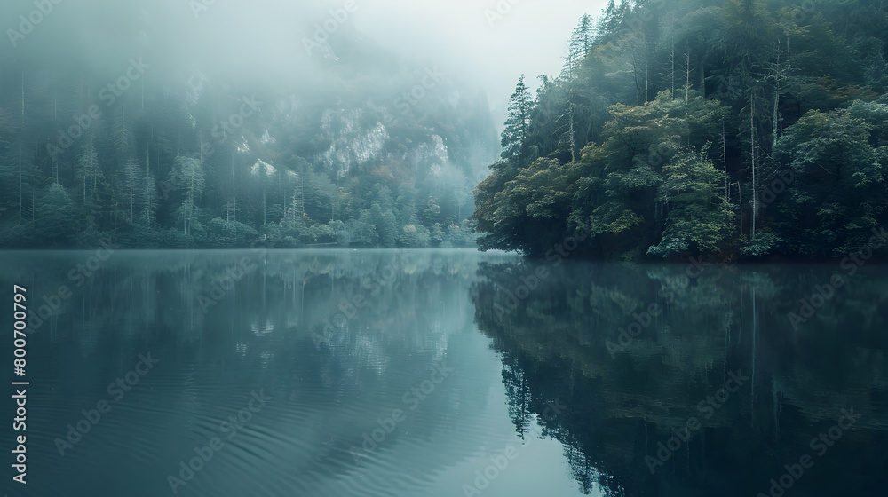 Foggy Lake in Dense Forest Embracing Minimalism and Cinematic Style