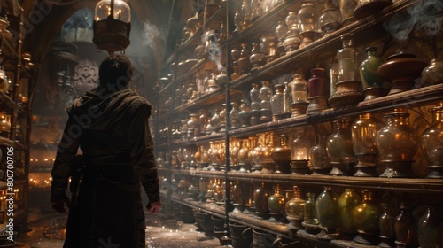 In the third image a rugged traveler stands in front of a towering shelf filled with rows upon rows of potion bottles. Each bottle . .