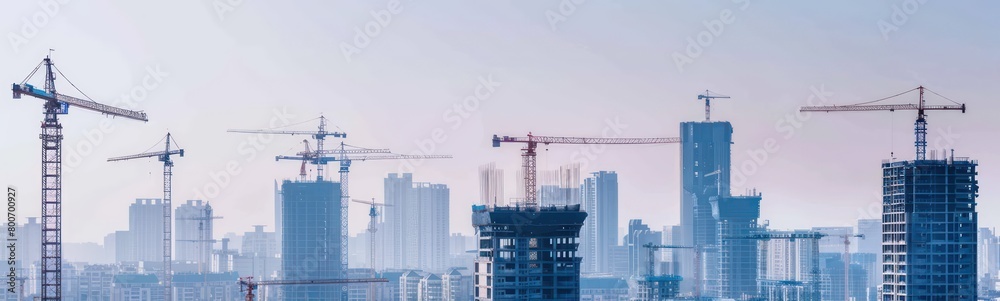 panorama of the city,  skyscrapers  in the city and cranes, white sky