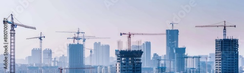 panorama of the city, skyscrapers in the city and cranes, white sky