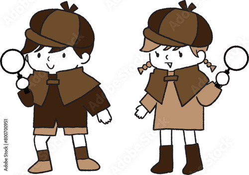 探偵姿で虫眼鏡を持っている子どもたちのベクターイラストセット