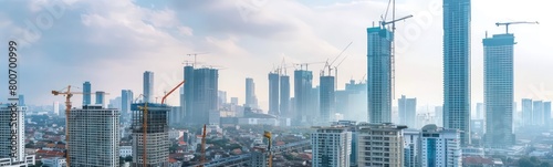panorama of the city,  skyscrapers  in the city and cranes, white sky