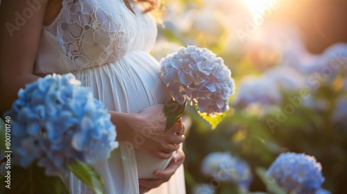 a touching close-up photo capturing the beauty of motherhood, featuring a pregnant woman tenderly holding a blue hydrangea flower near her pregnant belly