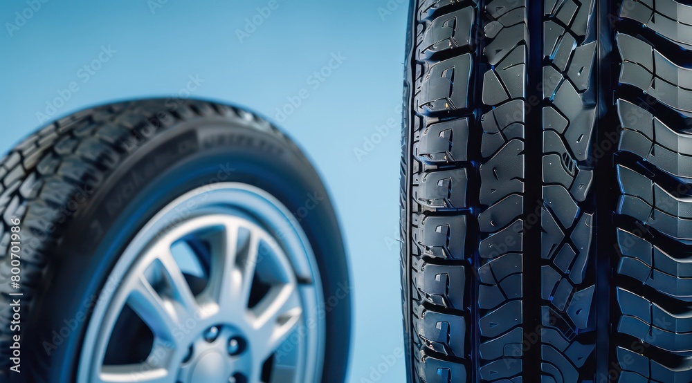 winter car tire and a summer car tire, treads detail, blue background