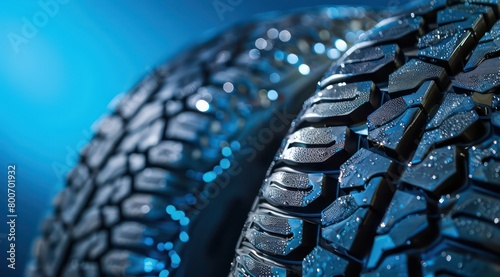 winter car tire and a summer car tire, treads detail, blue background photo