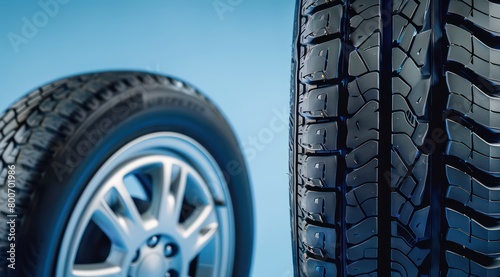 winter car tire and a summer car tire, treads detail, blue background photo