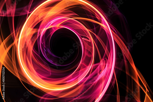 Hypnotic pink and orange neon swirls. Mesmerizing abstract art on black background.