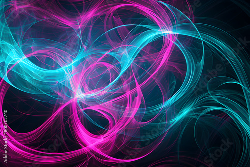 Energetic turquoise and magenta neon swirls. Vibrant abstract art on black background.