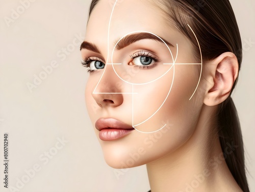 
Portrait of a female face based on the golden ratio. A personalized skincare concept. A symmetrical face. banner, copy space