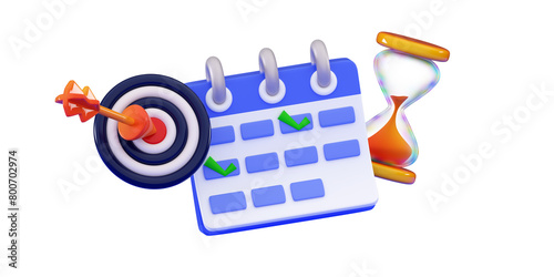 3d calendar icon marked date and time for event meeting reminder Calendar with hourglass and dart board Notification concept