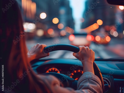 the essence of confidence and independence, woman driving a car, her hands firmly on the steering wheel, navigating through the bustling streets of an urban city photo