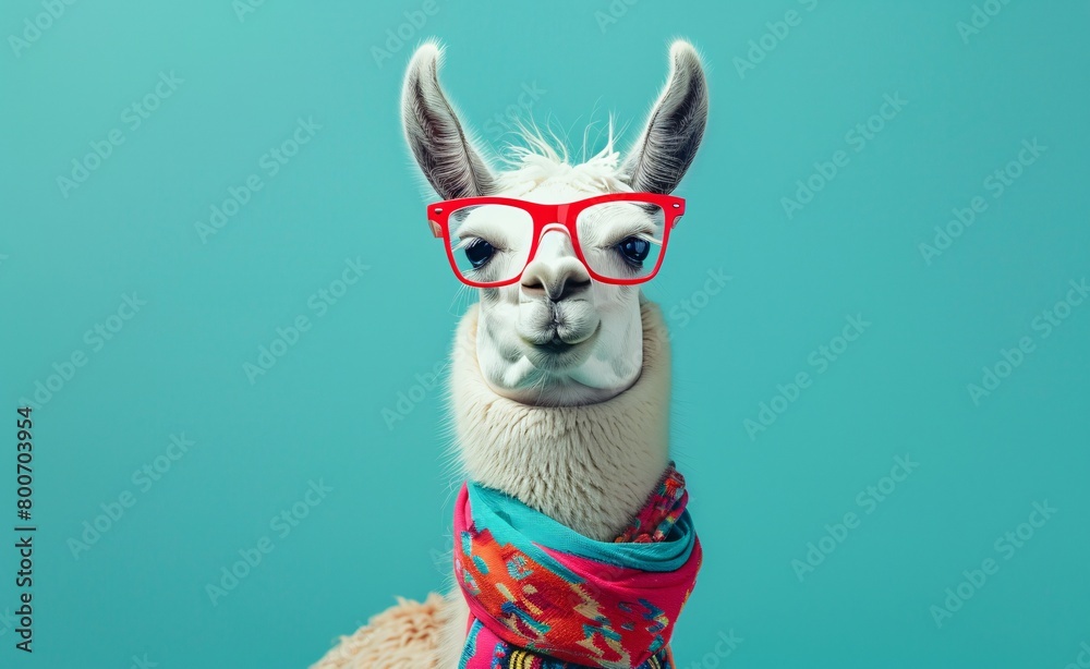Naklejka premium happy white llama wearing red glasses and a scarf on blue background