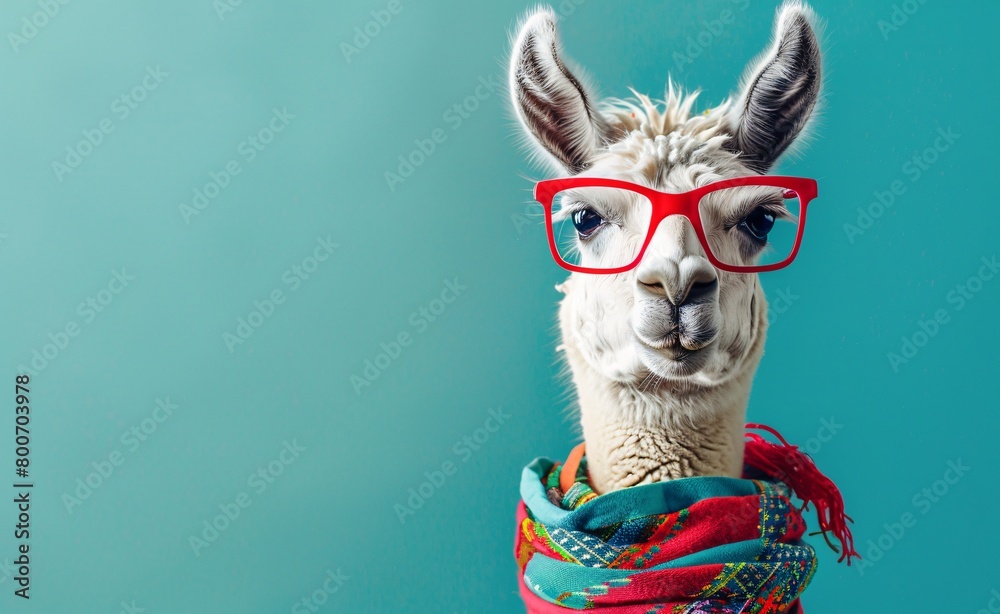 Obraz premium happy white llama wearing red glasses and a scarf on blue background