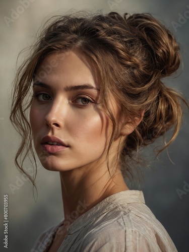 View from behind captures woman showcasing hairstyle in form of messy bun. Loose strands of hair add to casual look. Attire consists of light-colored, sheer blouse with distinct texture.