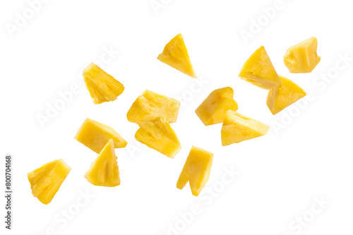 Falling pineapple slice and cut isolated on white background.