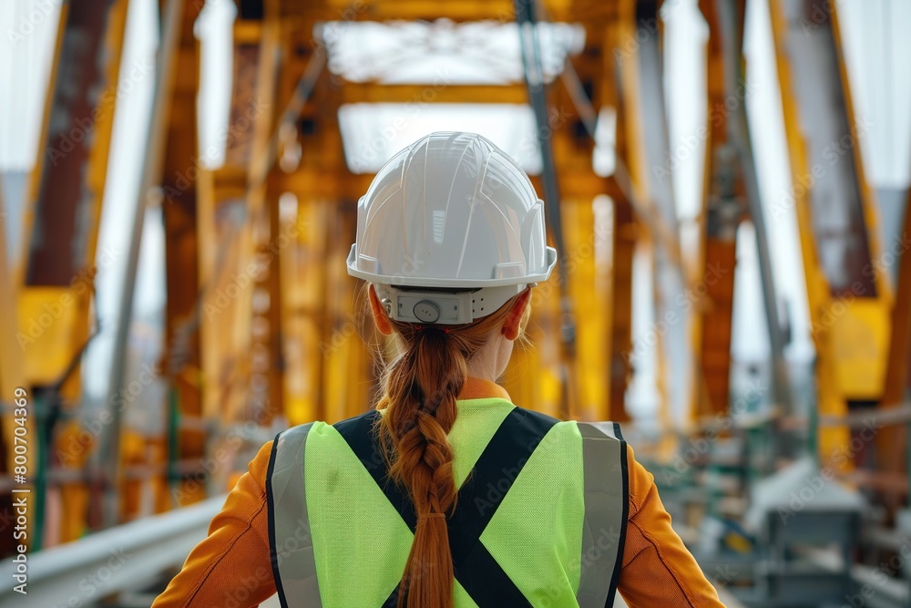 Civil engineer woman supervising bridge construction. Construction project. Engineer on bridge under construction. Crews working on the bridge. White hard hat and vest. Civil engineer woman supervising bridge construction. Construction project. Engineer on bridge under construction. Crews working on the bridge. White hard hat and vest.