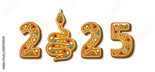 Christmas gingerbread cookie 2025 with snake in cartoon style. Sweet biscuit in new year message isolated on white background. Cute number Vector illustration