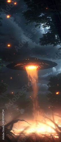 A mysterious atmosphere of night fog as a backdrop for a flying UFO saucer landing during an alien visit
