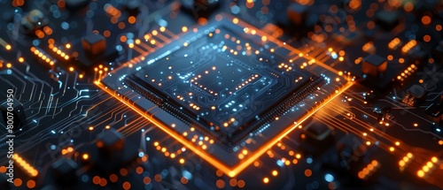 Abstract futuristic design of a computer chip, with indigo and golden shades of glow, for a quantum computer photo