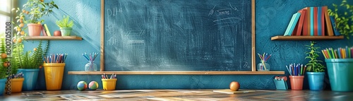 An illustration of a classroom with a blue chalkboard background and an array of school supplies, marking the beginning of the school year 8K , high-resolution, ultra HD,up32K HD photo