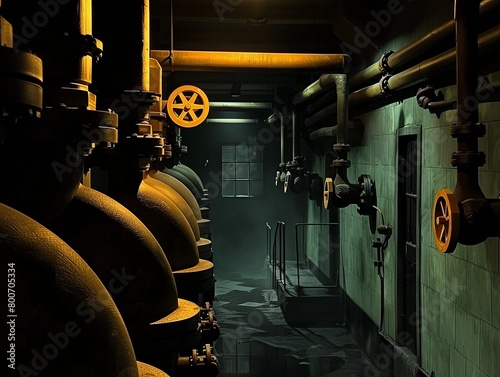 Pipes crisscrossing an industrial room, creating a maze of metal and valves, vital for the production flow photo