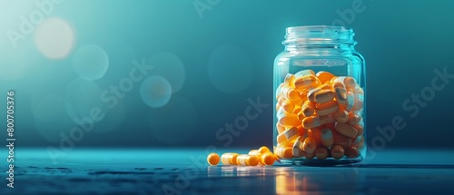 Polygonal pills antibiotics arranged in a jar, with a blue background