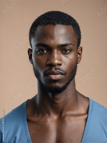 plain blue background close-up portrait of handsome black african guy from Generative AI