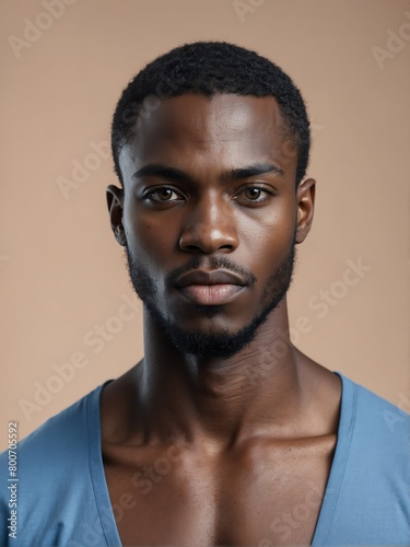 plain blue background close-up portrait of handsome black african guy from Generative AI © SevenThreeSky