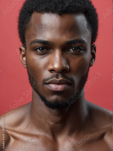 plain red background close-up portrait of handsome black african guy from Generative AI