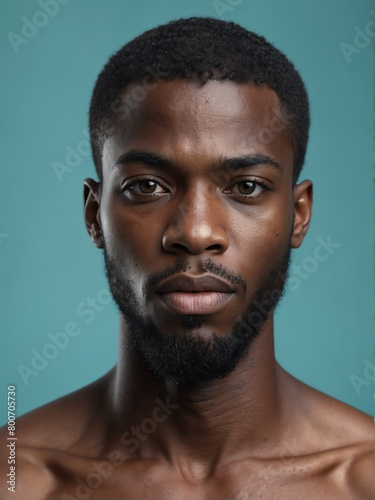 plain teal background close-up portrait of handsome black african guy from Generative AI