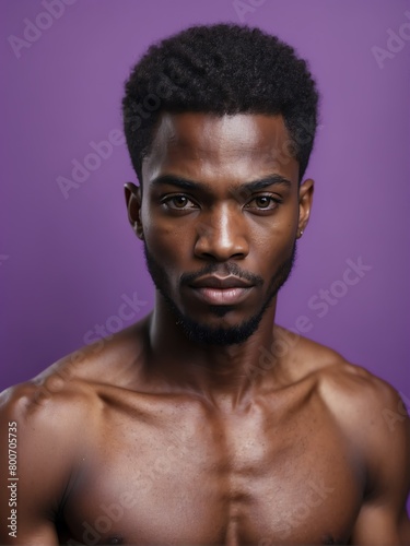 plain purple background close-up portrait of handsome black african guy from Generative AI