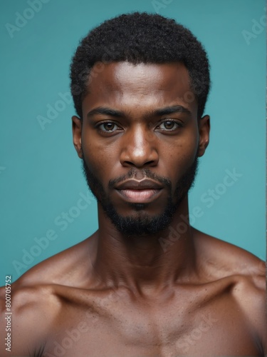 plain teal background close-up portrait of handsome black african guy from Generative AI