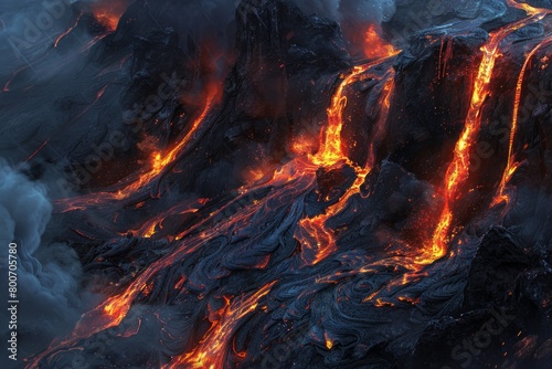 Artwork showcasing volcanic eruption and flowing lava. Powerful and evocative natural phenomenon
