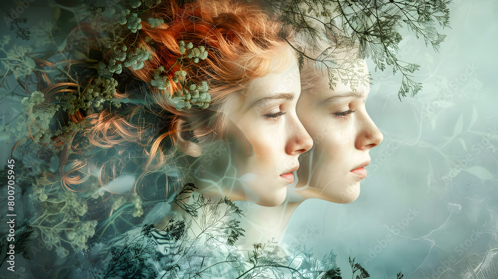 Two Sisters in Ethereal Leafy Forest, To convey a sense of sisterly bond and love in a fantastical and dreamy setting Two Sisters in Ethereal Leafy Forest, To convey a sense of sisterly bond and love in a fantastical and dreamy setting