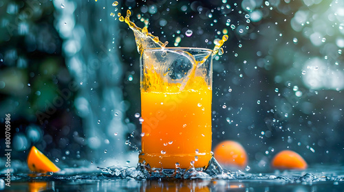 Refreshing Orange Juice Pour with Drip and Water Droplets