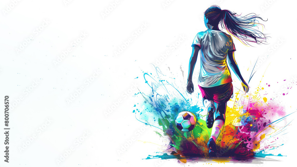 Obraz premium Colorful watercolor painting of soccer woman player and ball view from back