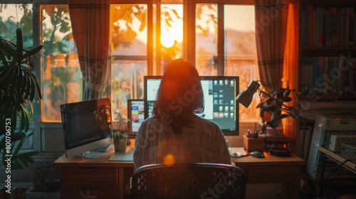 Asian Woman Working from Home: Remote Freelancer at Sunset