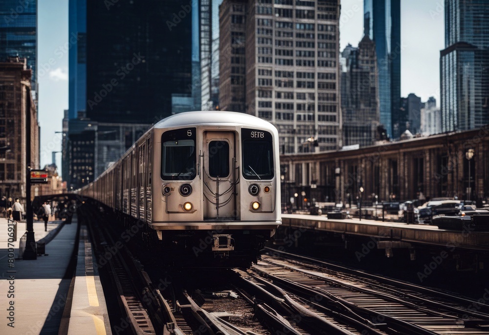 Naklejka premium 'elevated train loop tracks chicago urban travel transportation city high architecture landscape commute commuter strict downtown illinois industrial'