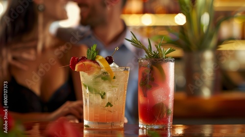 A couple enjoys a quiet evening at the nonalcoholic bar sipping on mocktails garnished with fresh fruits and herbs.