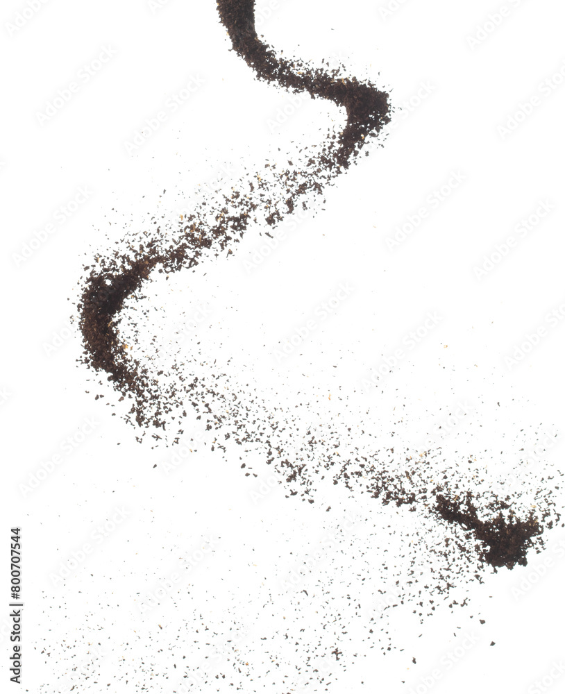Coffee powder fly explosion, Coffee crushed ground float pouring, wave like smoke smell. Coffee ground powder splash throwing in mid Air. White background Isolated high speed shutter, freeze motion Coffee powder fly explosion, Coffee crushed ground float pouring, wave like smoke smell. Coffee ground powder splash throwing in mid Air. White background Isolated high speed shutter, freeze motion