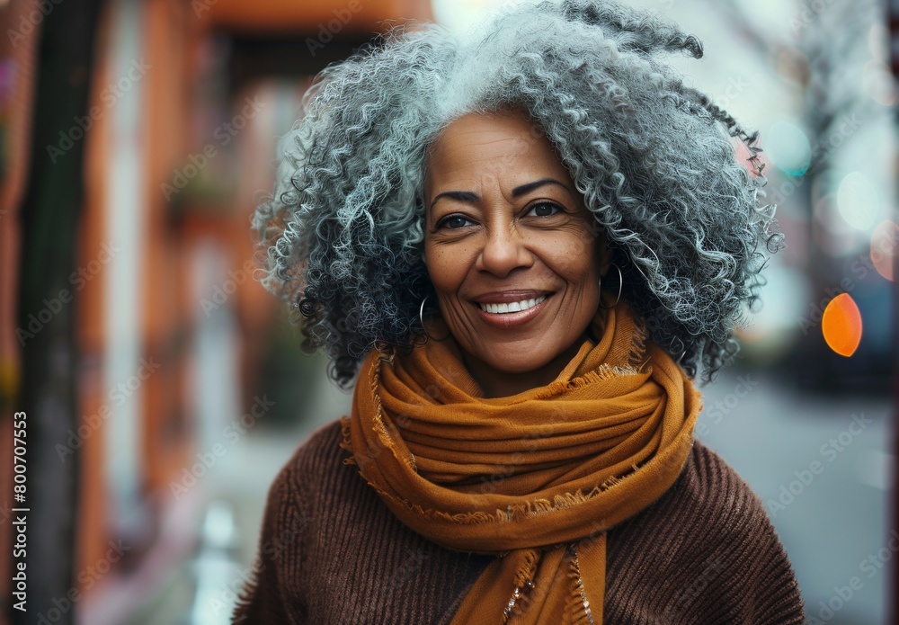 portrait of a beautiful black woman with curly grey hair in the streets smiling portrait of a beautiful black woman with curly grey hair in the streets smiling