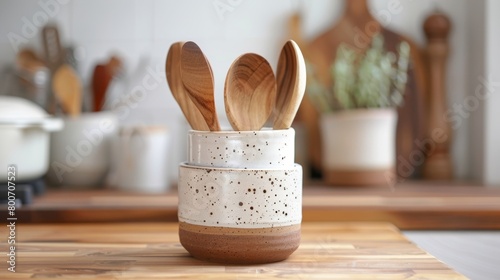 A versatile utensil holder handcrafted with a blend of stoneware and porcelain clay and featuring a minimalist design suitable for any kitchen decor..