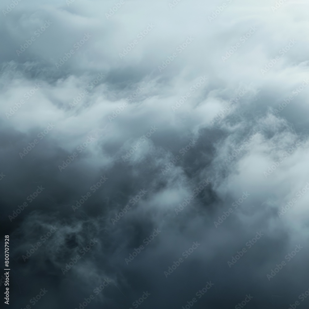 Sky filled with clouds, trees shrouded in mist. Mystical and atmospheric natural landscape