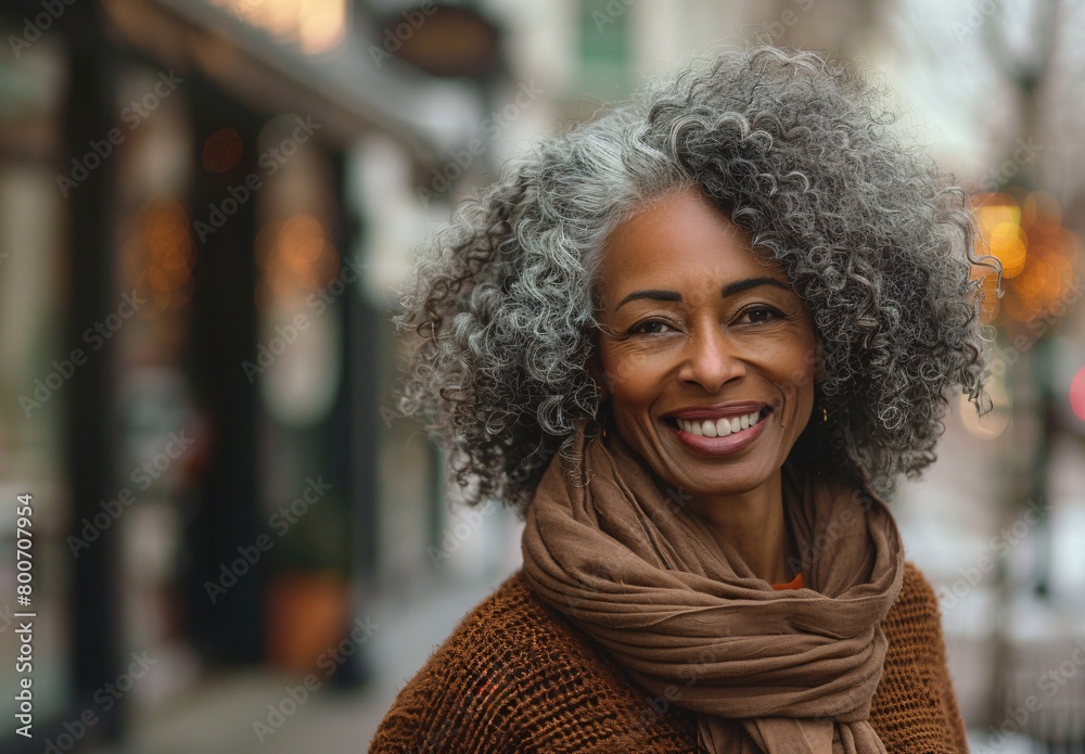 portrait of a beautiful black woman with curly grey hair in the streets smiling portrait of a beautiful black woman with curly grey hair in the streets smiling
