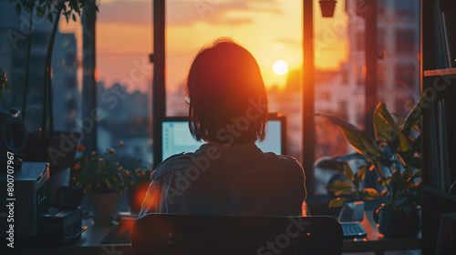 Asian Woman Working from Home: Remote Freelancer at Sunset photo