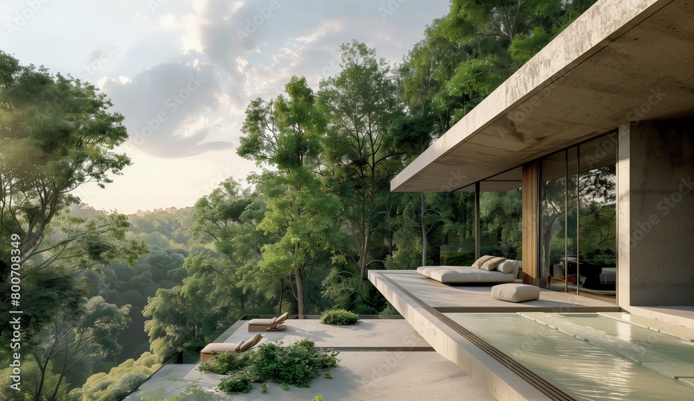 A Minimalist Villa With an Infinity Pool Overlooking a Dense Forest Canopy, Featuring Daybeds for Relaxation, Harmoniously Integrated Into the Natural Environment