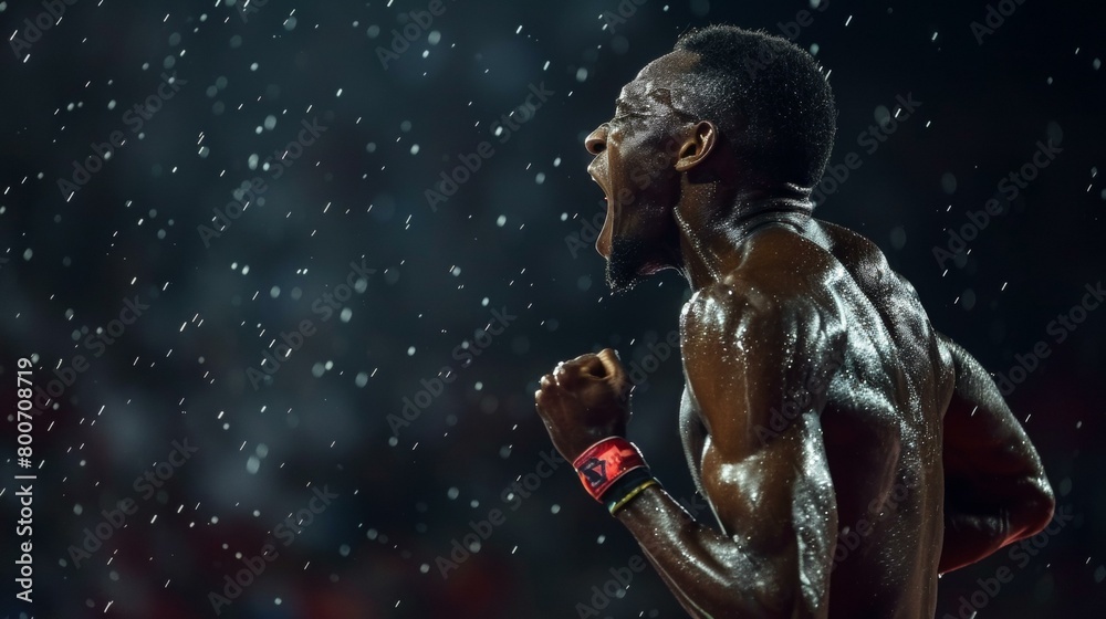 Powerful moment of triumph captured in rain, Black male athlete celebrates under spotlight, evoking victory and determination during competitive sports event.