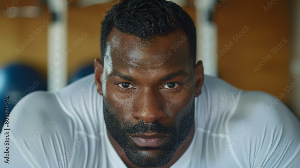 Focused black male athlete in training gym, determination and strength in Olympic competition theme, muscular build. Focused black male athlete in training gym, determination and strength in Olympic competition theme, muscular build.