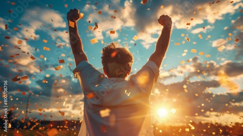 Victorious athlete celebrating win with arms raised among falling confetti at sunset, symbolizing triumph and jubilation, perfect for sports and Olympic themes. Copy space. photo
