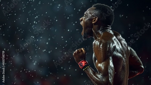 Powerful moment of triumph captured in rain, Black male athlete celebrates under spotlight, evoking victory and determination during competitive sports event.